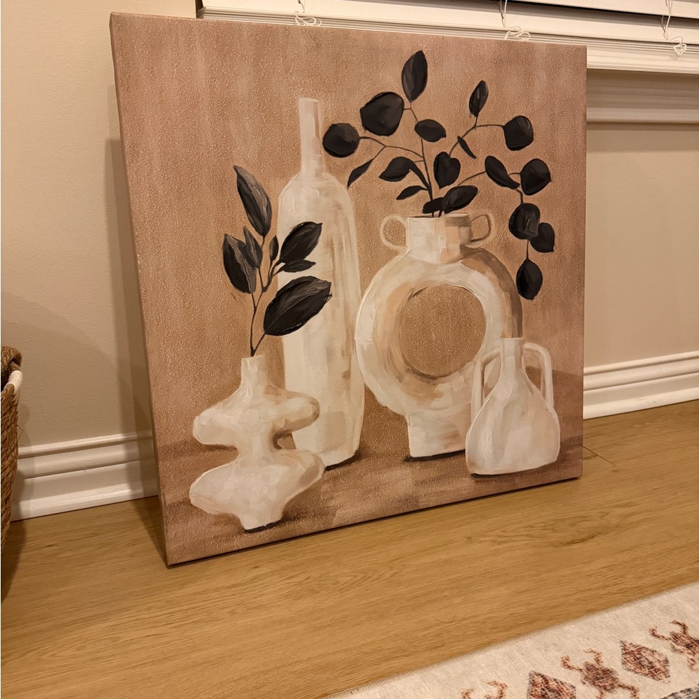 Neutral Still Life Canvas Wall Art with Black Leaf Accents